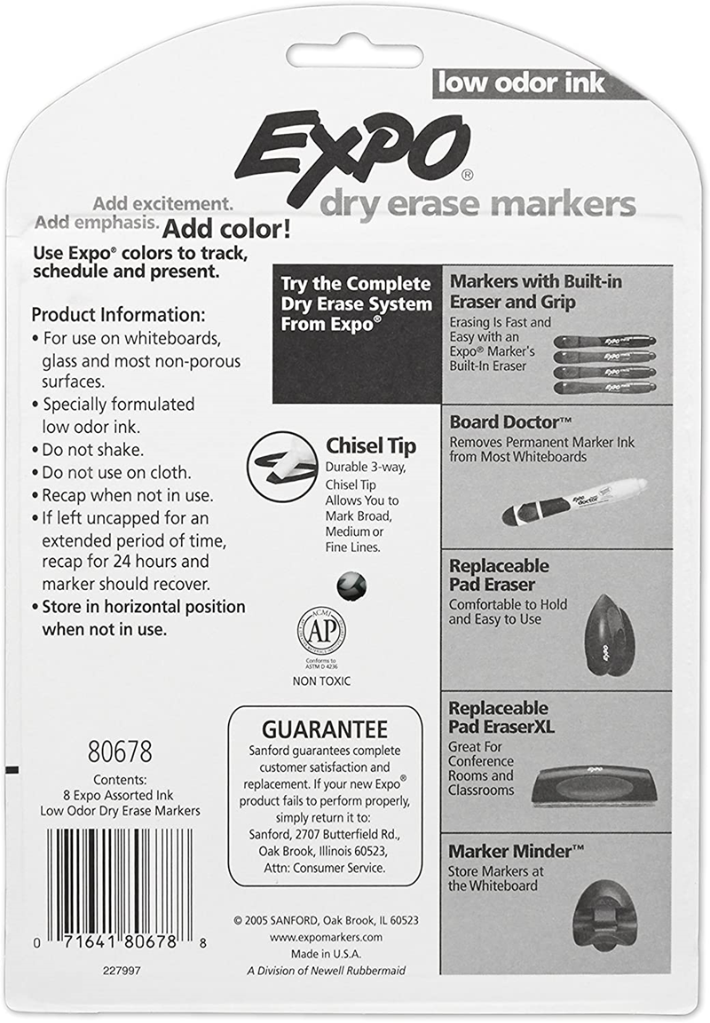 Expo Low Odor Chisel Tip Dry Erase Markers, 8/PK, Assorted (80678)